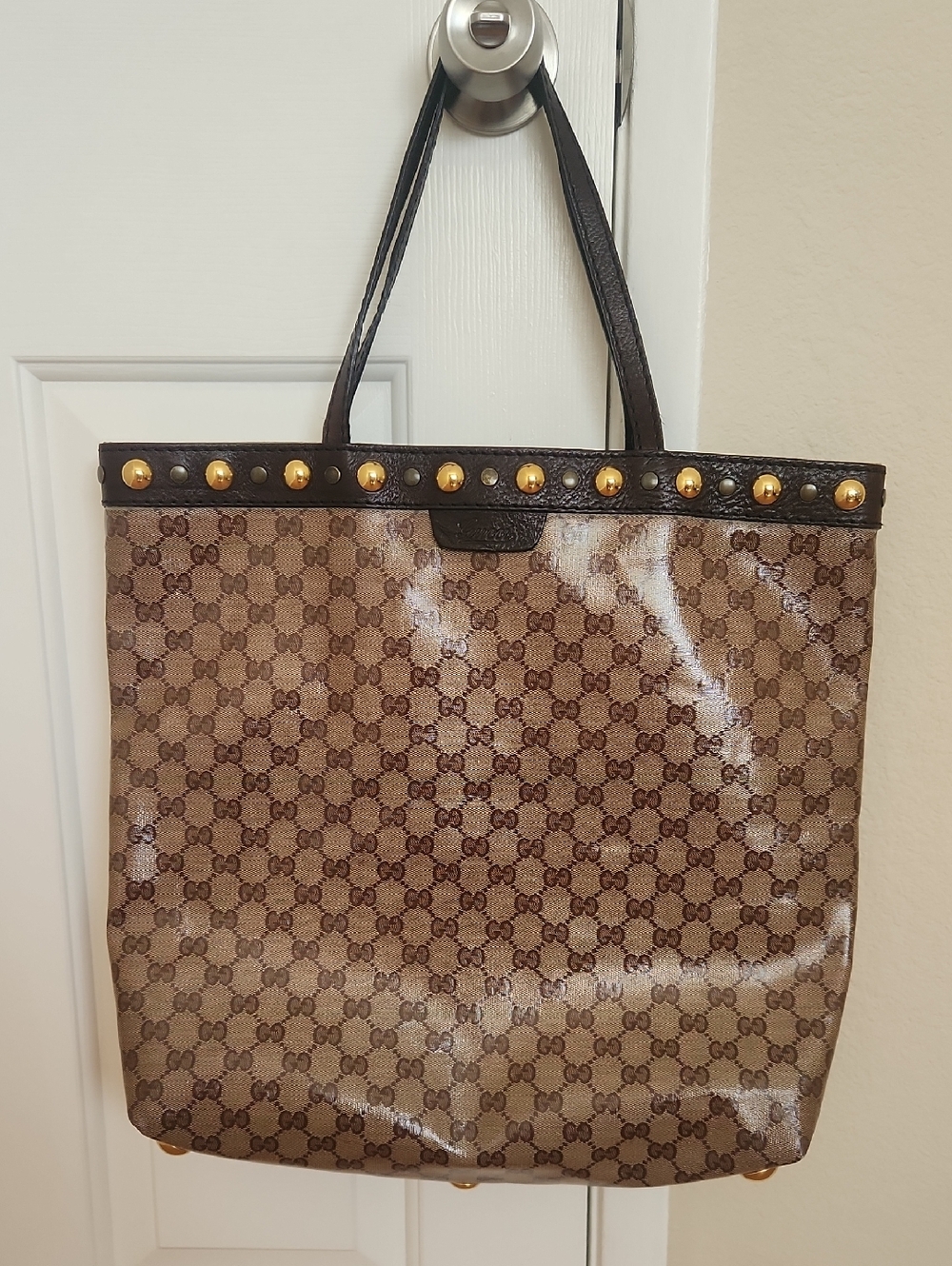 Rare Gucci Brown GG Coated Canvas Tote with Gold Stud Trim